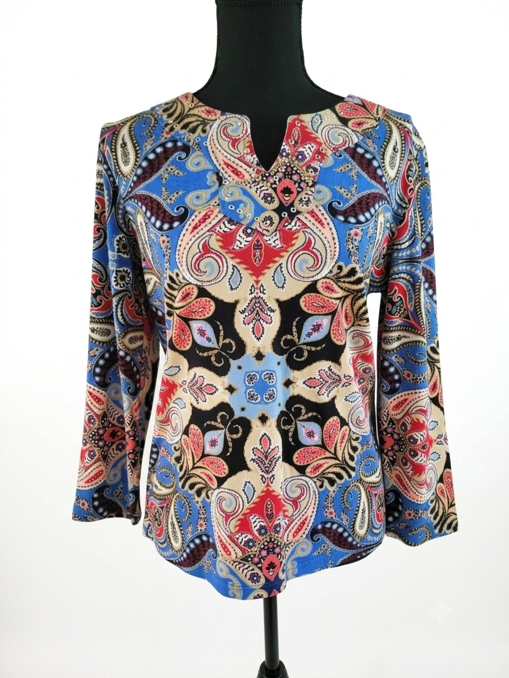 Rafaella Paisley V-Notch Long Sleeve Top - Blue / Red / Black / Cream